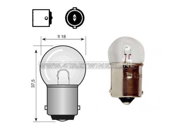 Lamp BA15-S, enkel, 12 volt, 18 watt klein bolletje