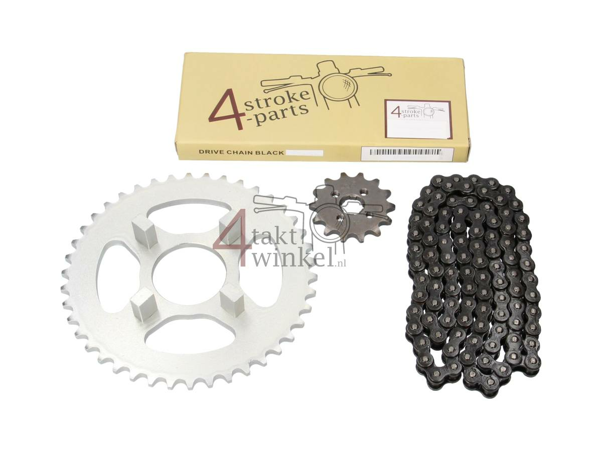 Tandwielen en ketting set standaard +2, past op SS50, A-kwaliteit