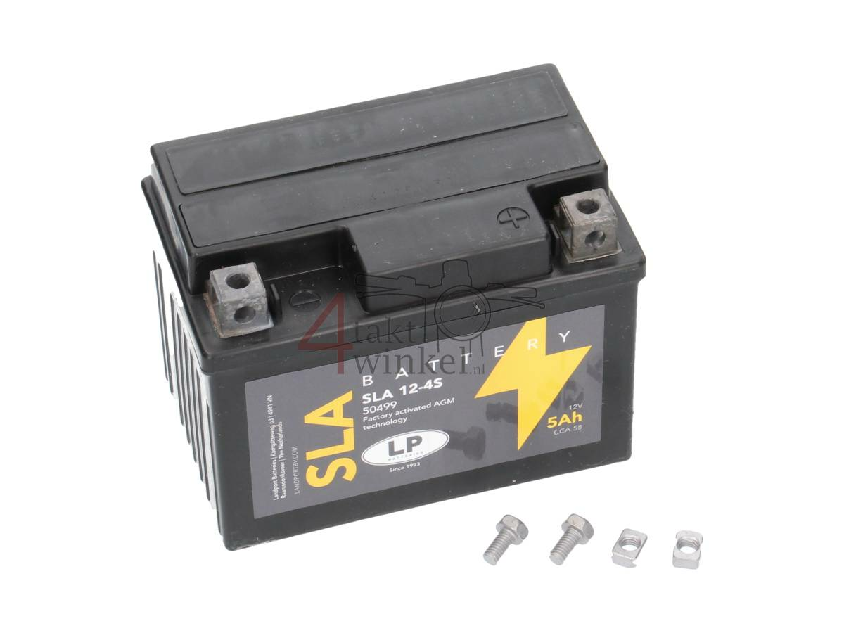 Accu 12 volt 5 ampere Landport, SLA12-4. Maat = 4 ampere CTX 4L-BS