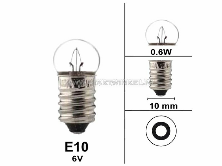 Lamp E10 schroef fitting, enkel,  6 volt, 0,6 watt